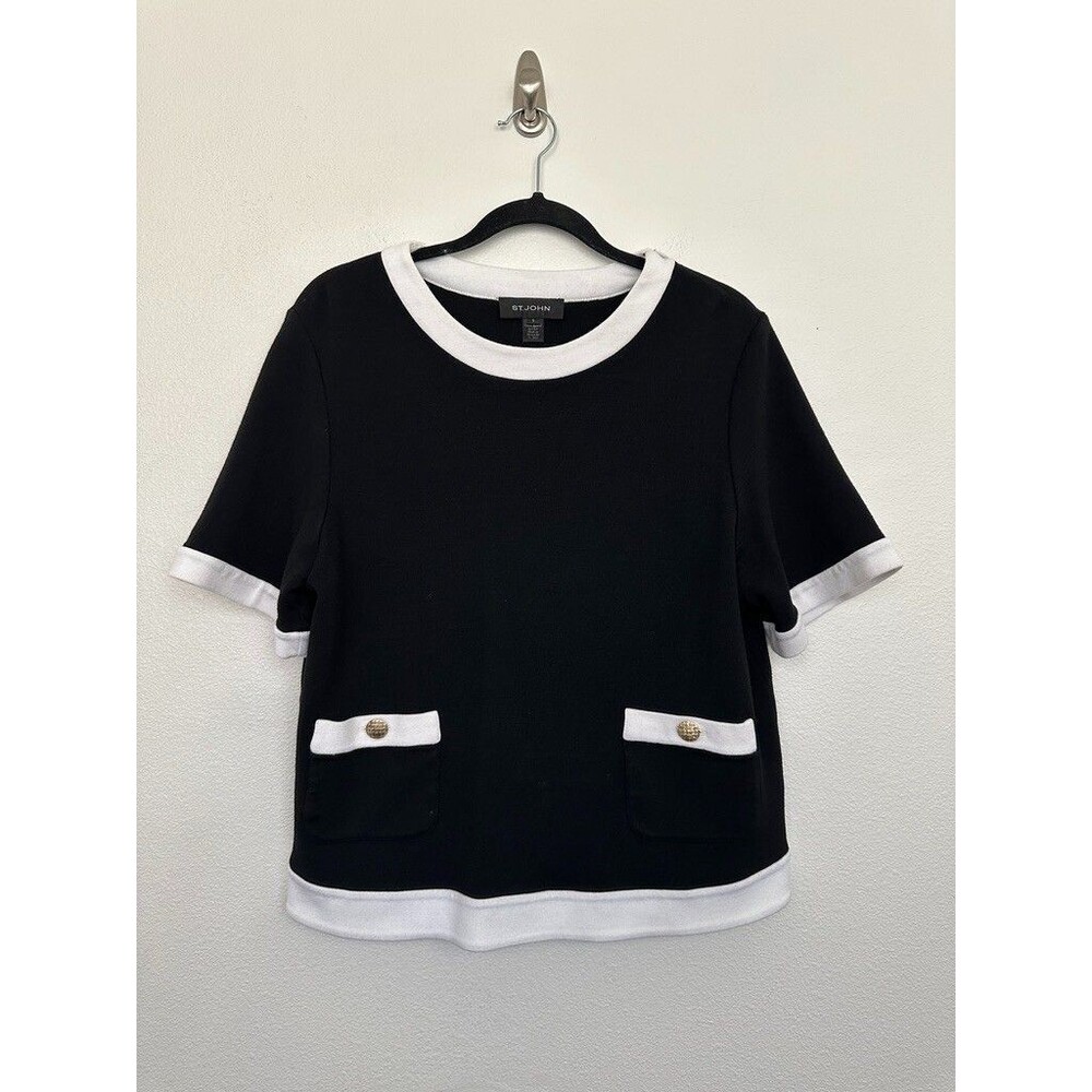 St John Sweater Shirt Short Sleeve Black Contrast Trim Gold Wool Women's Large